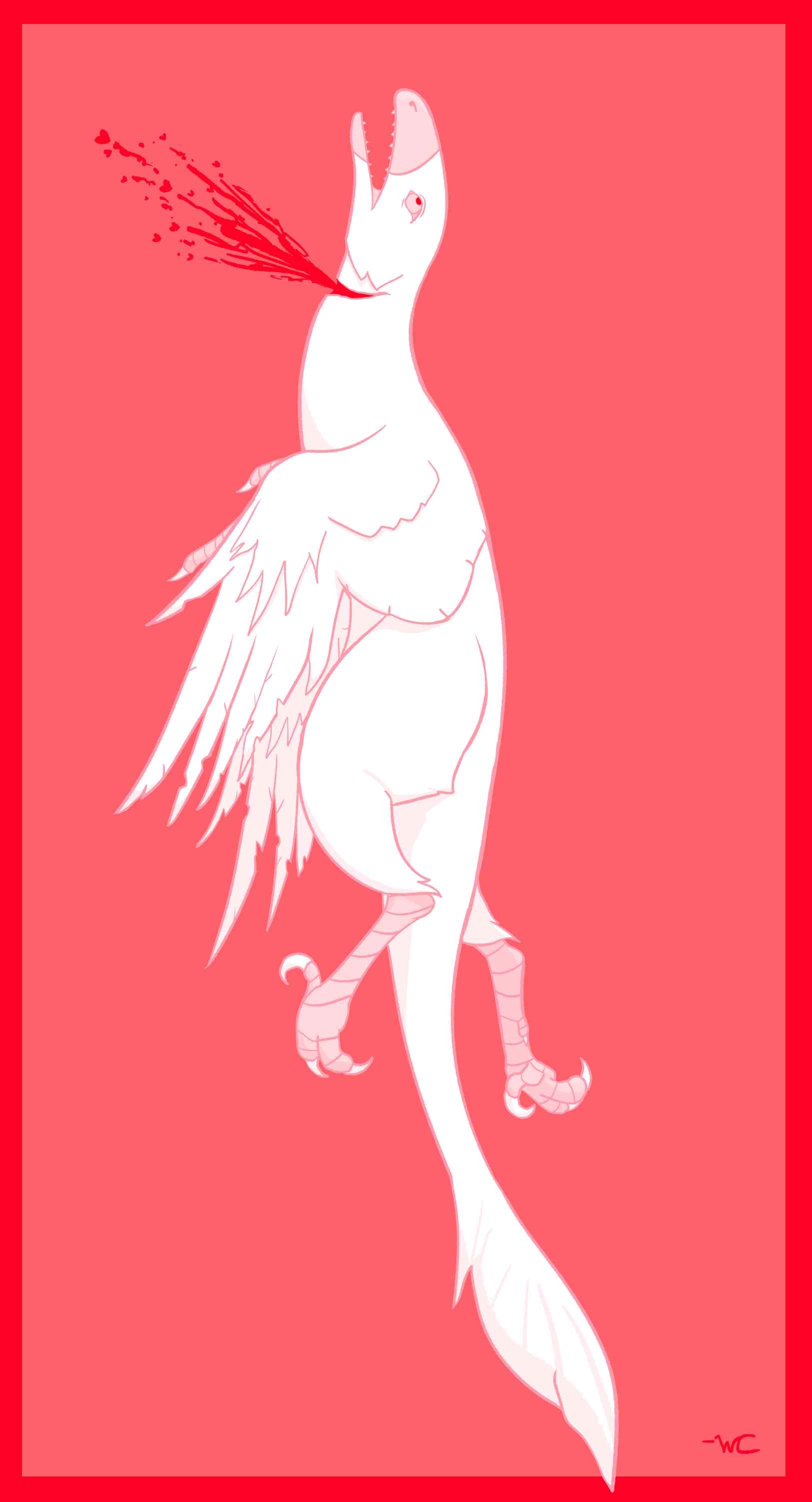 An albino dromaosaur whose throat has been slit. The blood is making little hearts.